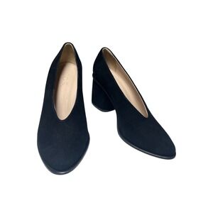 COS Black Suede Block Heel Pumps V Cut Almond Toe EU 36 US 5.5